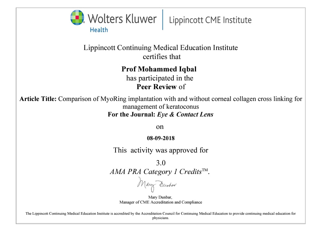 Eye & Contact Journal rewards dr. Iqbal with CME certificate as a reviewer